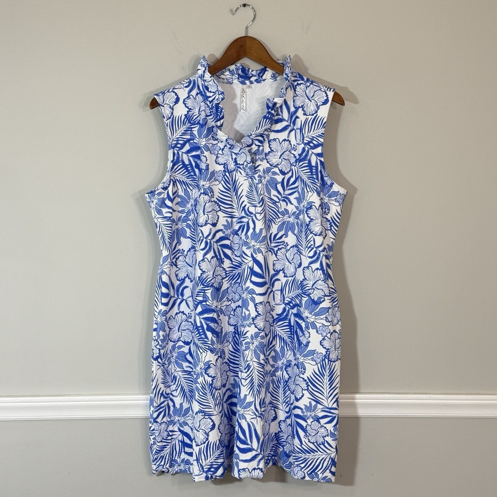 Lulu B Ruffle Neck Hibiscus Dress Sz 1X Sleeveless Blue UPF 50+ Cooling Fabric